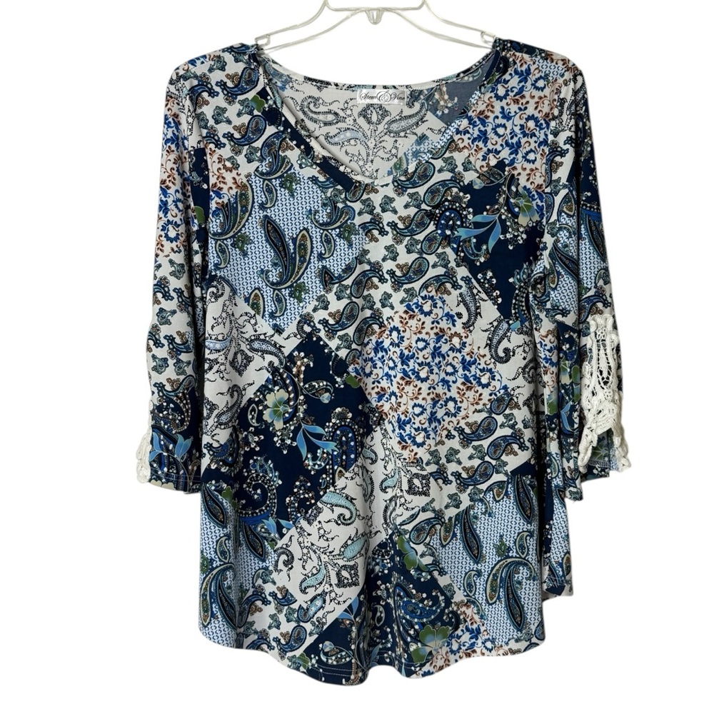 Stem & Vine Blue Paisley 3/4 Sleeves Crochet Lace Womens XL Pullover Blouse